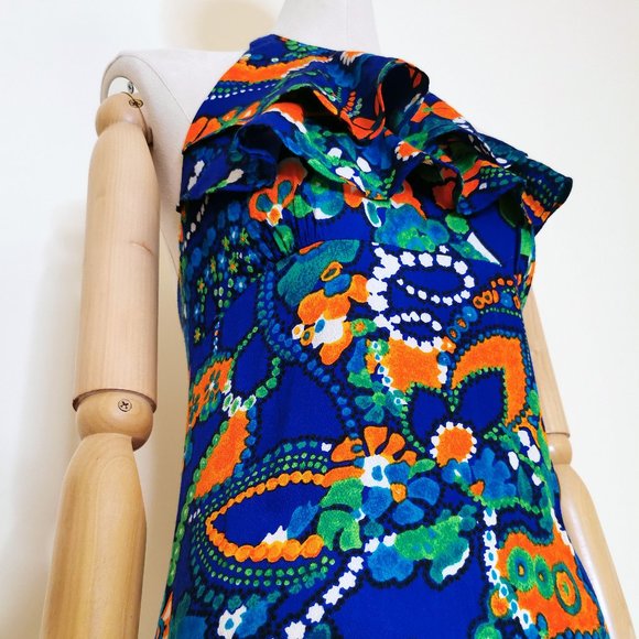 Blue Hawaiian Flounced 70s Halter Maxi Dress - Picture 3 of 15